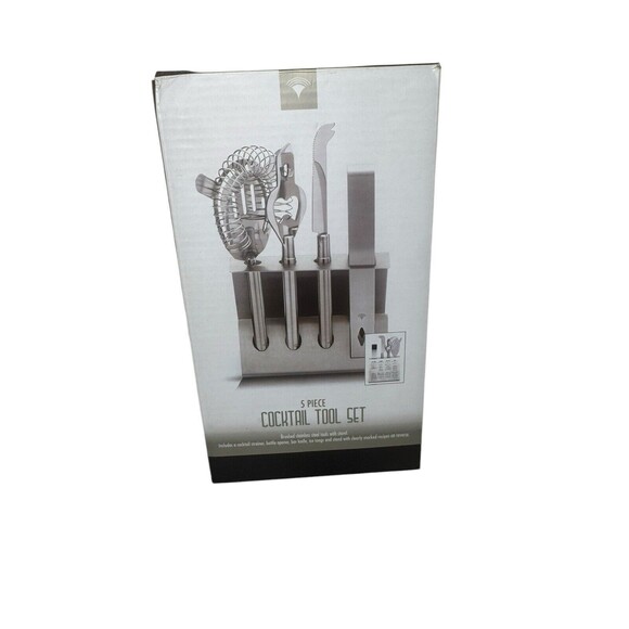 5 Piece Cocktail Tool Set Brushed Stainless Steel Includes Stand - Picture 10 of 16